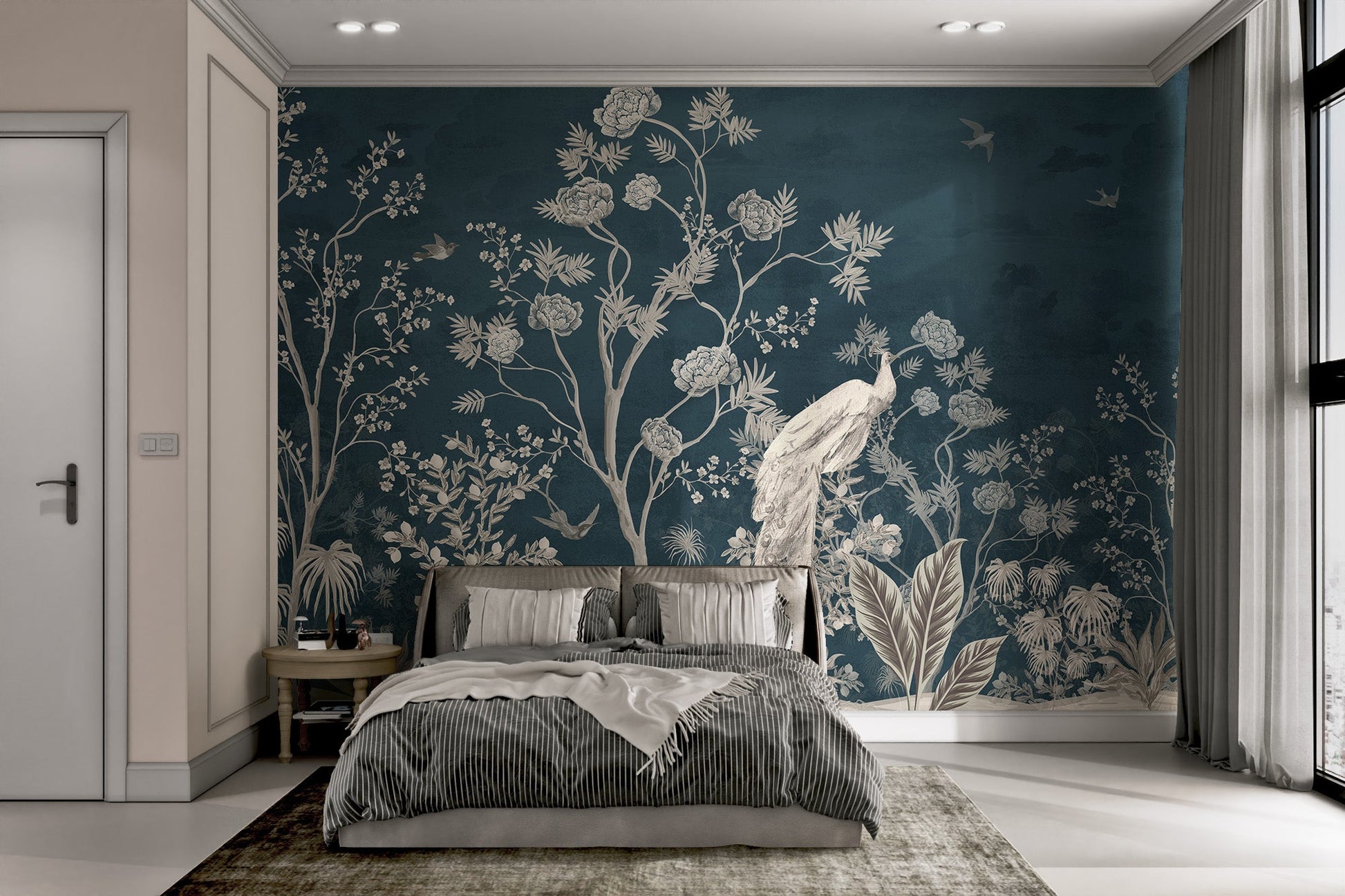 Teal botanical wall mural featuring a white peacock in modern bedroom.