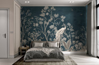 Teal botanical wall mural featuring a white peacock in modern bedroom.