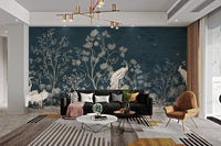 Sophisticated Chinoiserie blue blossom wall mural in open living area.
