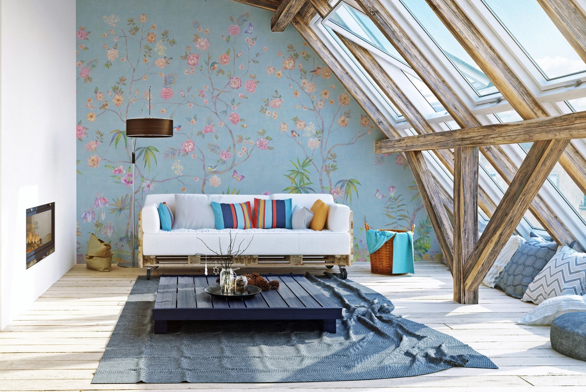 Attic living room showing Blue Chinoiserie Elegance Wall Murals under skylights.