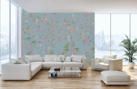 Blue Chinoiserie Elegance Wall Murals in a living room with a white sectional sofa.