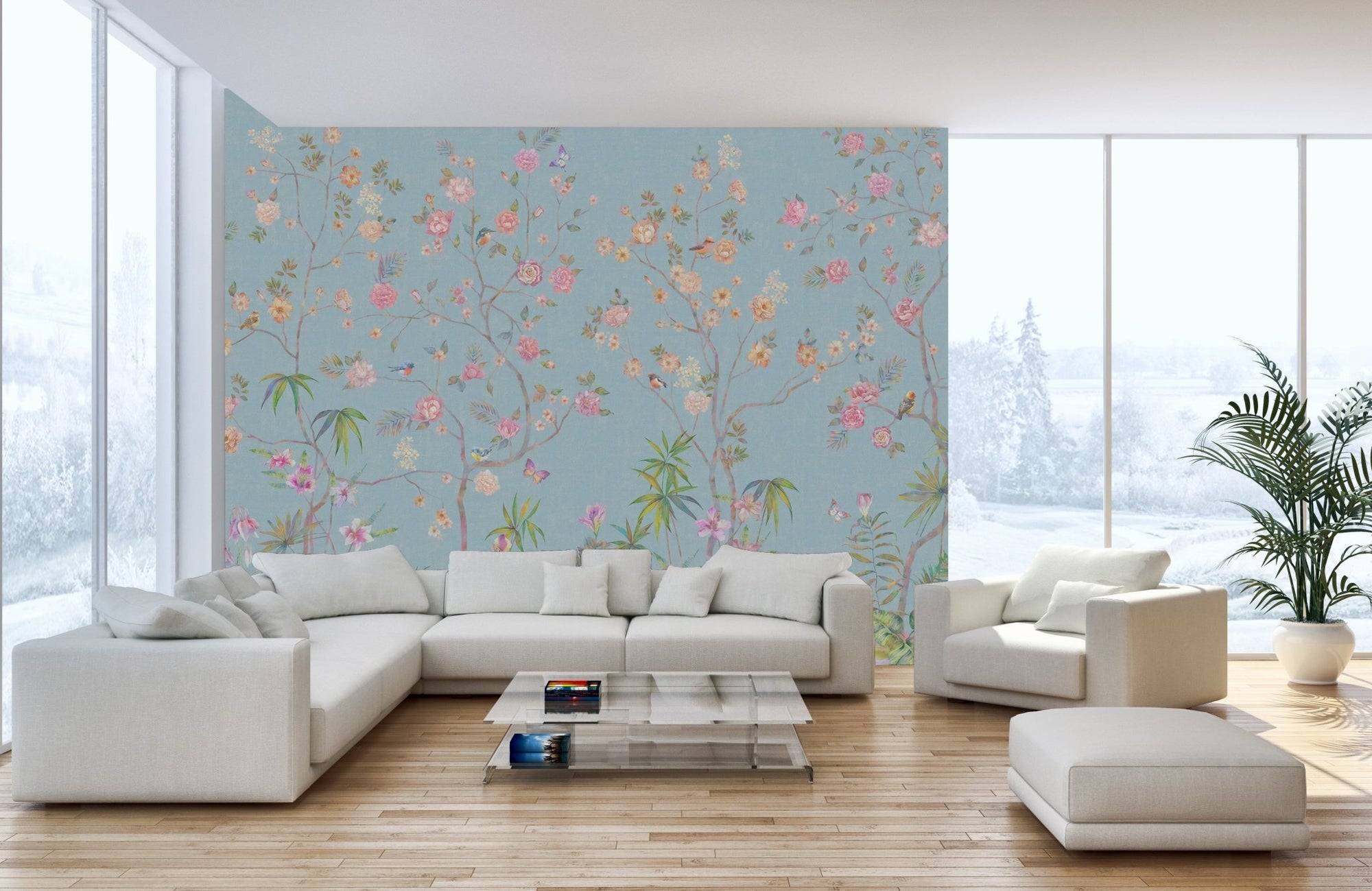Blue Chinoiserie Elegance Wall Murals in a living room with a white sectional sofa.