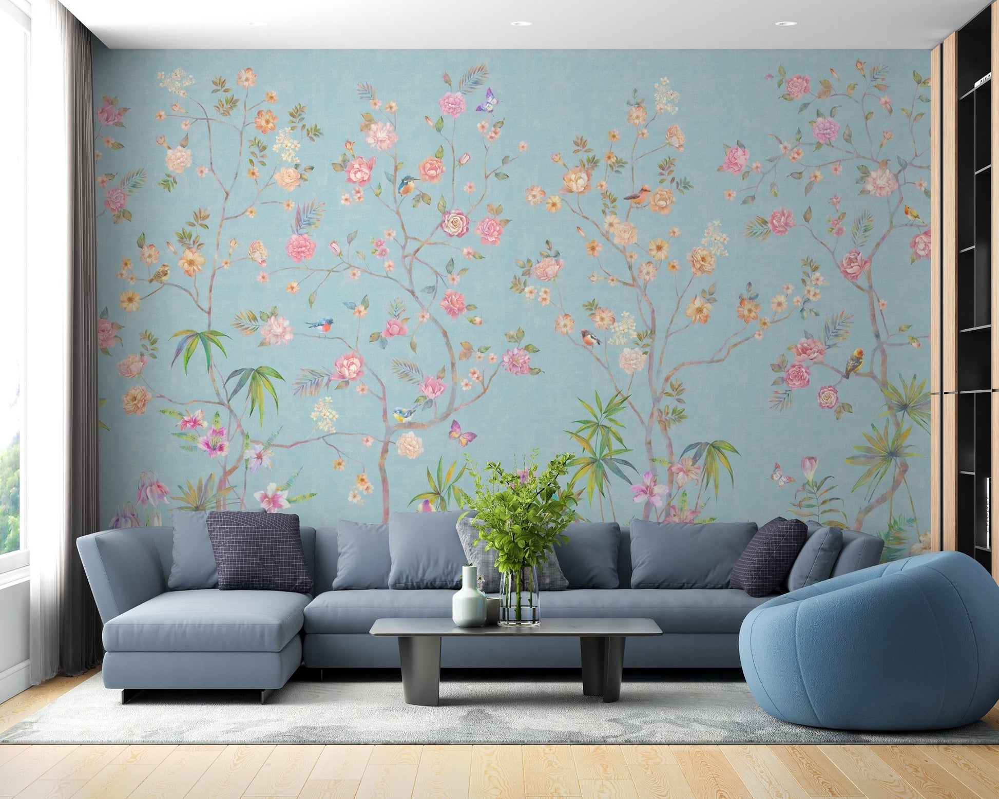 Blue Chinoiserie Elegance Wall Murals paired with a navy blue L-shaped couch.