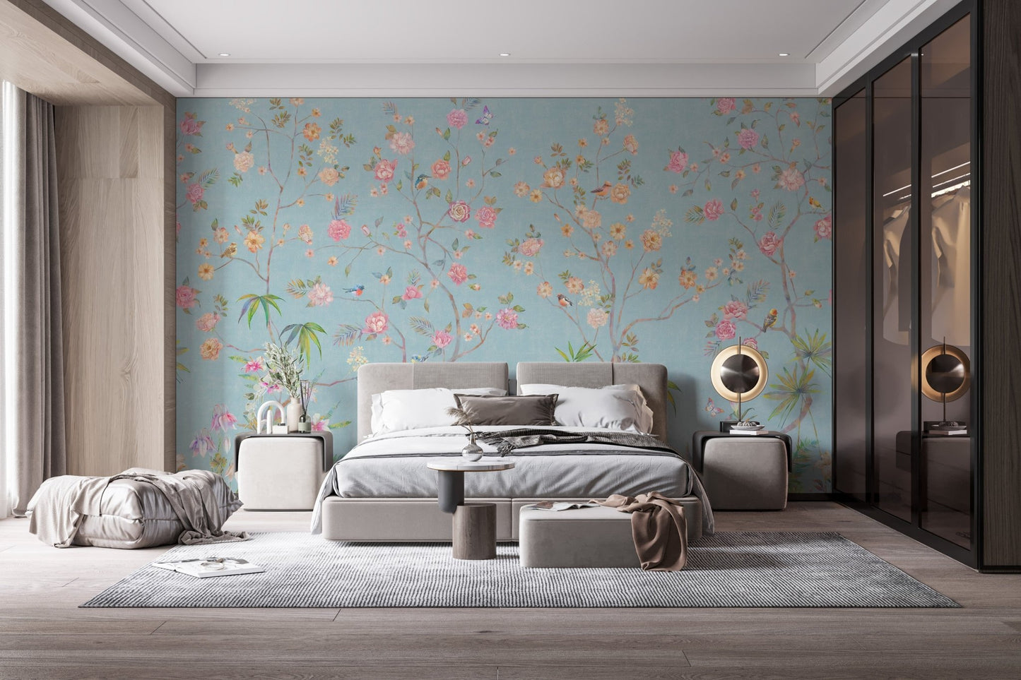 Modern bedroom featuring floral wall mural and dark wood wardrobes.