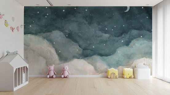 Celestial blue clouds wall mural with soft gradient wallpaper.