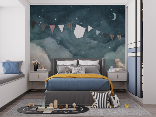 Watercolor blue cloud wallpaper with starry night wall mural.