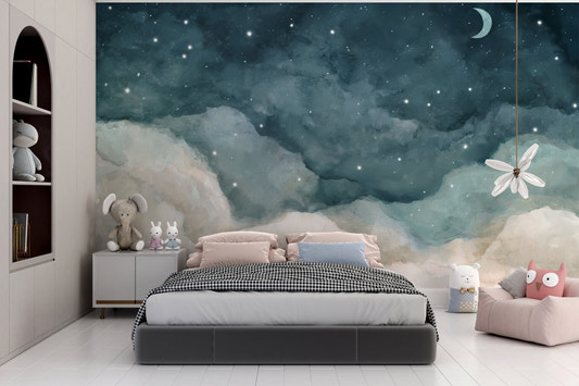 Blue clouds night wallpaper mural with crescent moon sky design.
