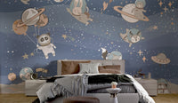 Blue space wall mural with floating pandas and stars for master bedroom.