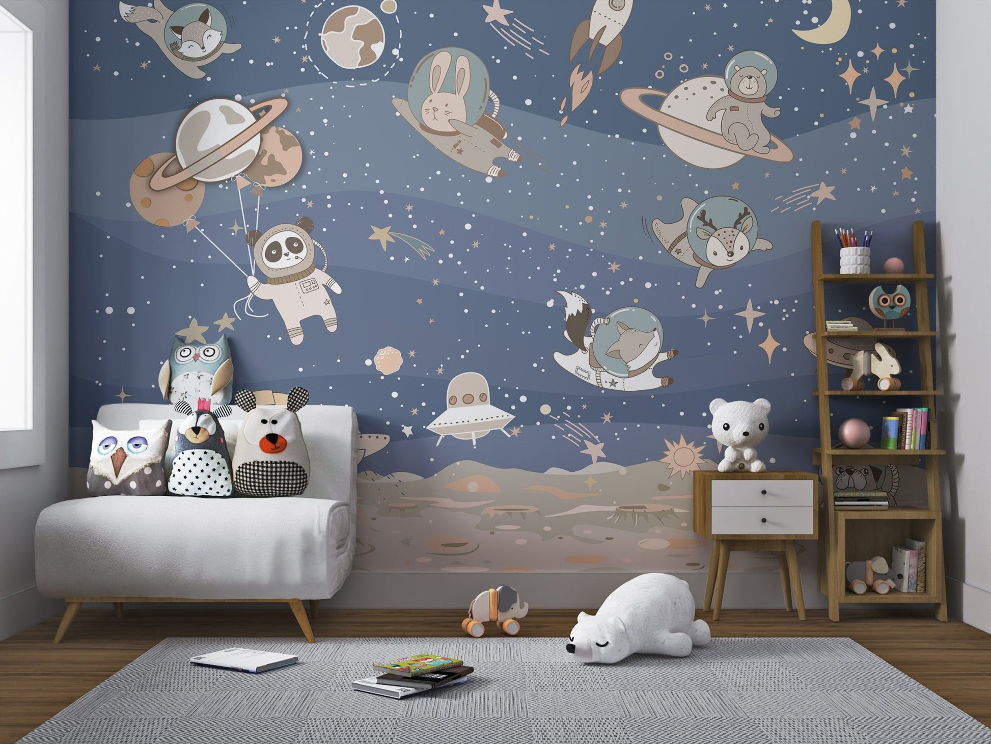 Animal astronauts wall mural fits perfectly in a lively playroom