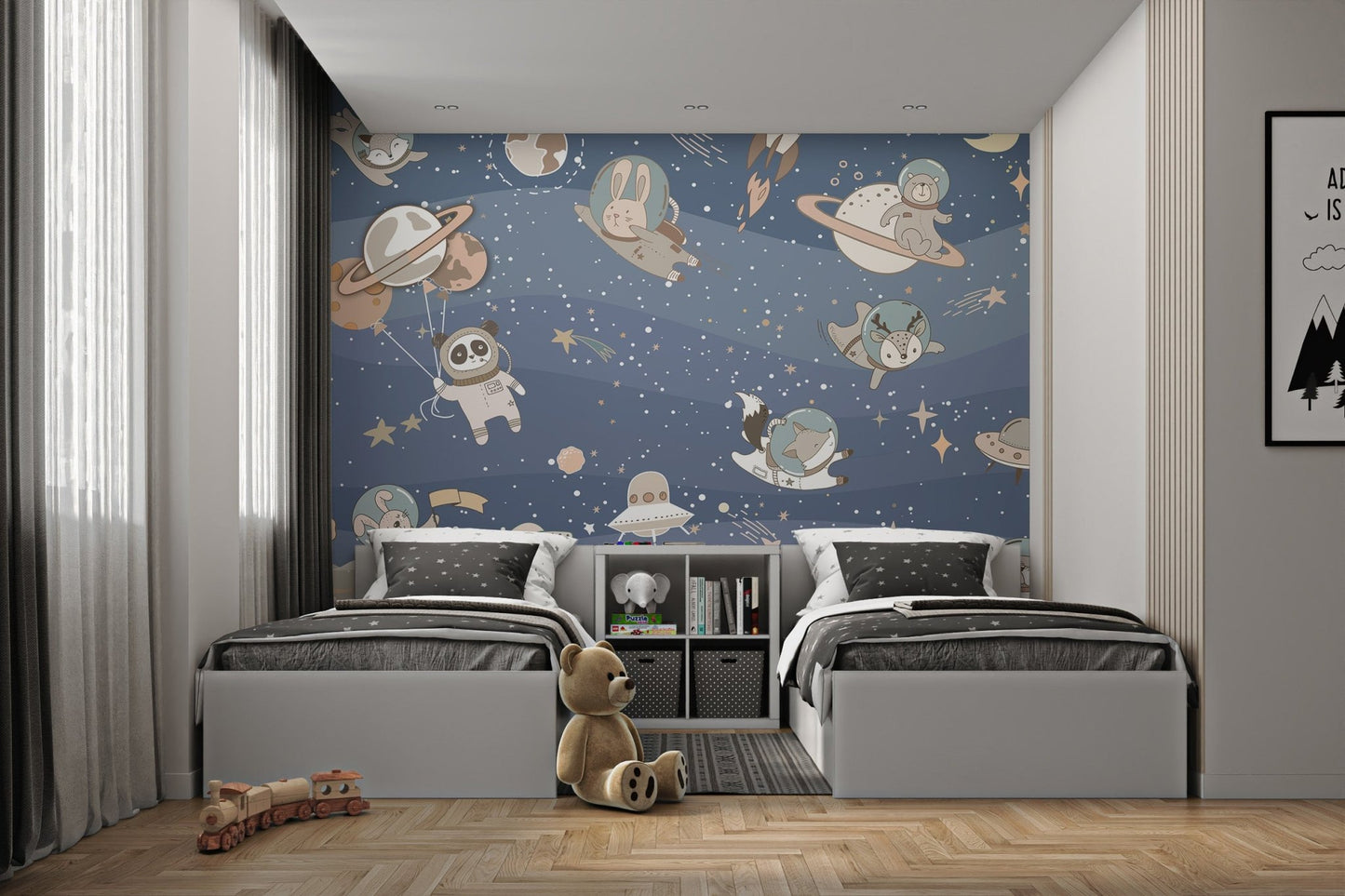 Colorful space wall mural with playful animals in twin bedroom.