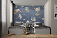 Colorful space wall mural with playful animals in twin bedroom.