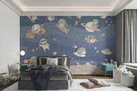Space wall murals showing a dog on the moon for the kids bedroom.