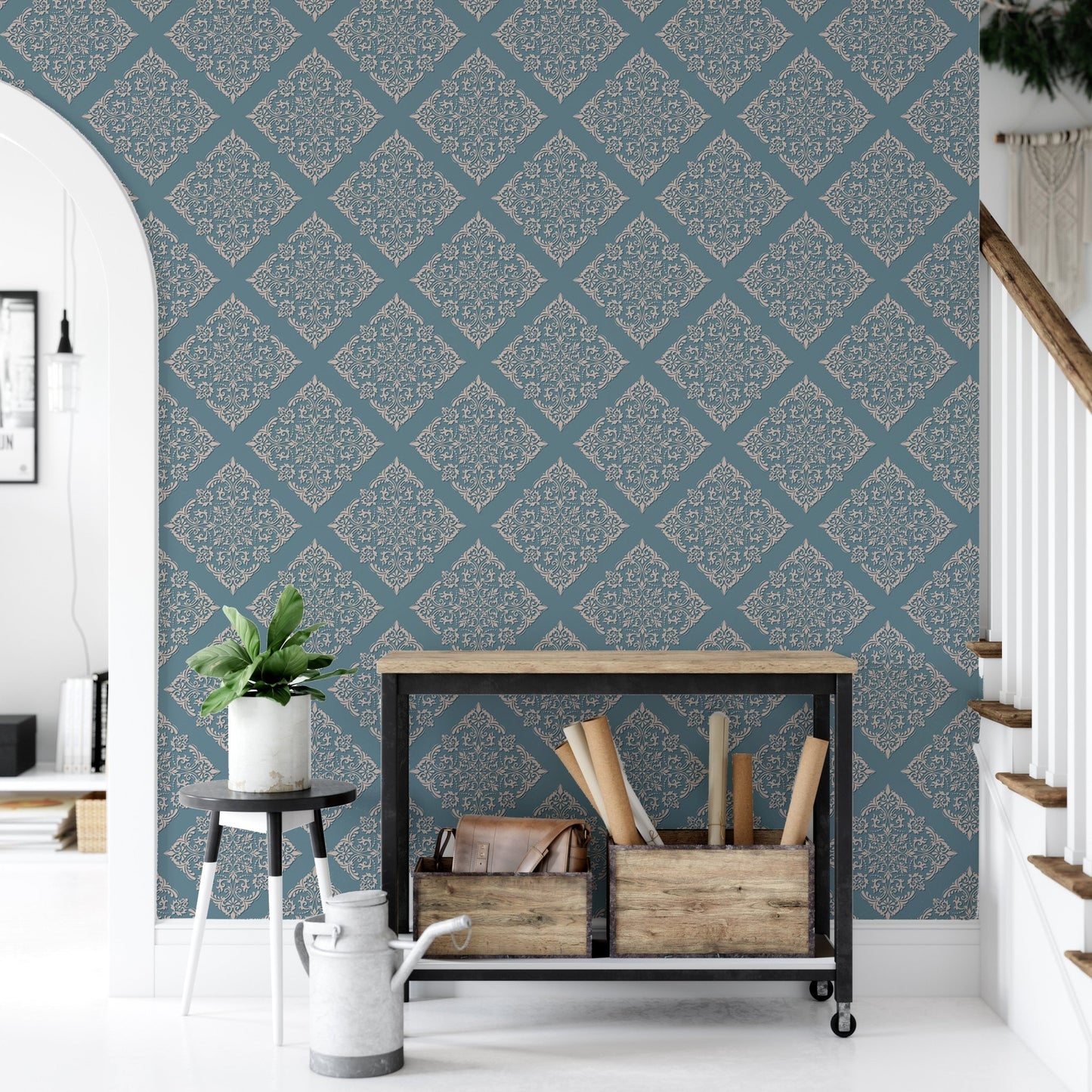 Blue damask wallpaper in hallway behind metal storage console unit.