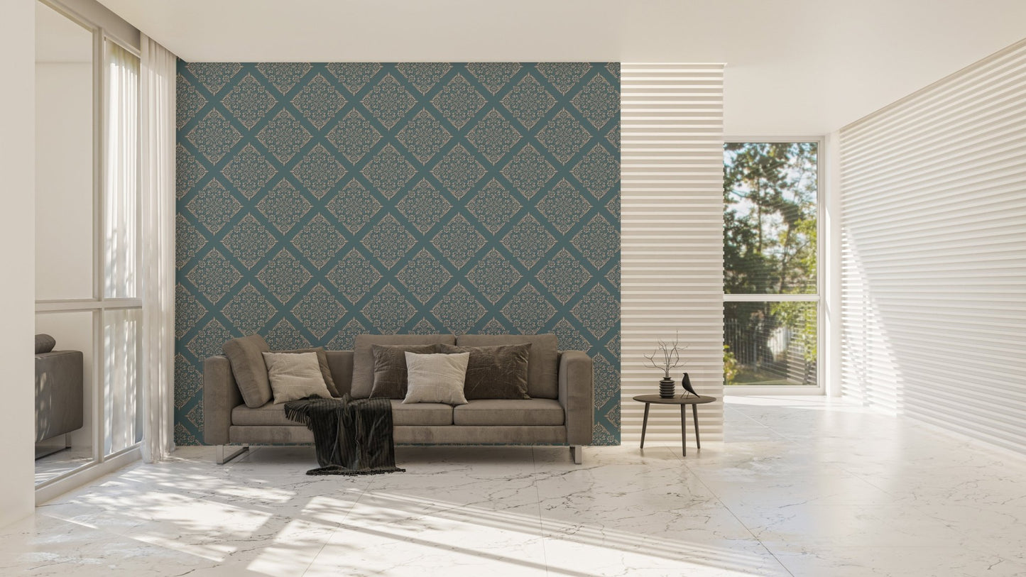 Modern damask wallpaper in large open plan living space with sofa.