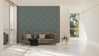 Modern damask wallpaper in large open plan living space with sofa.