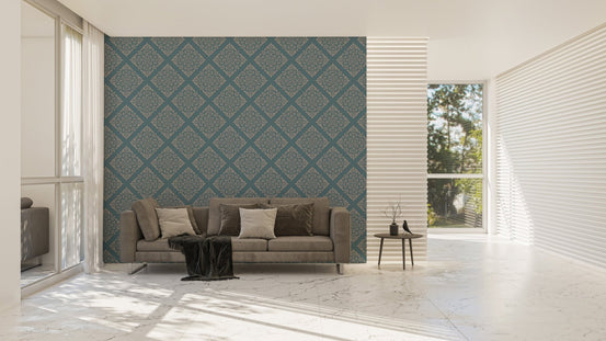 Modern damask wallpaper in large open plan living space with sofa.