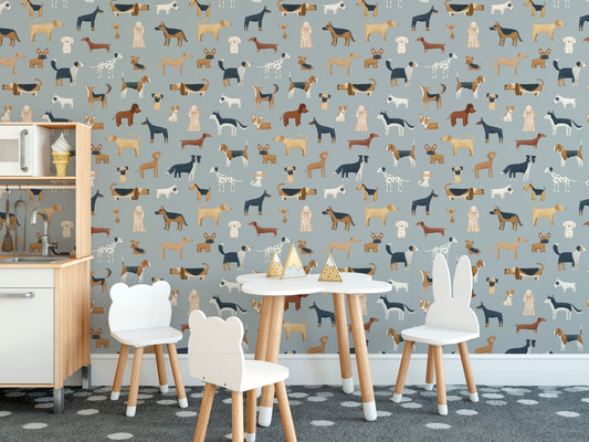 Blue dogs breed pattern wallpaper featuring assorted canine sketches.
