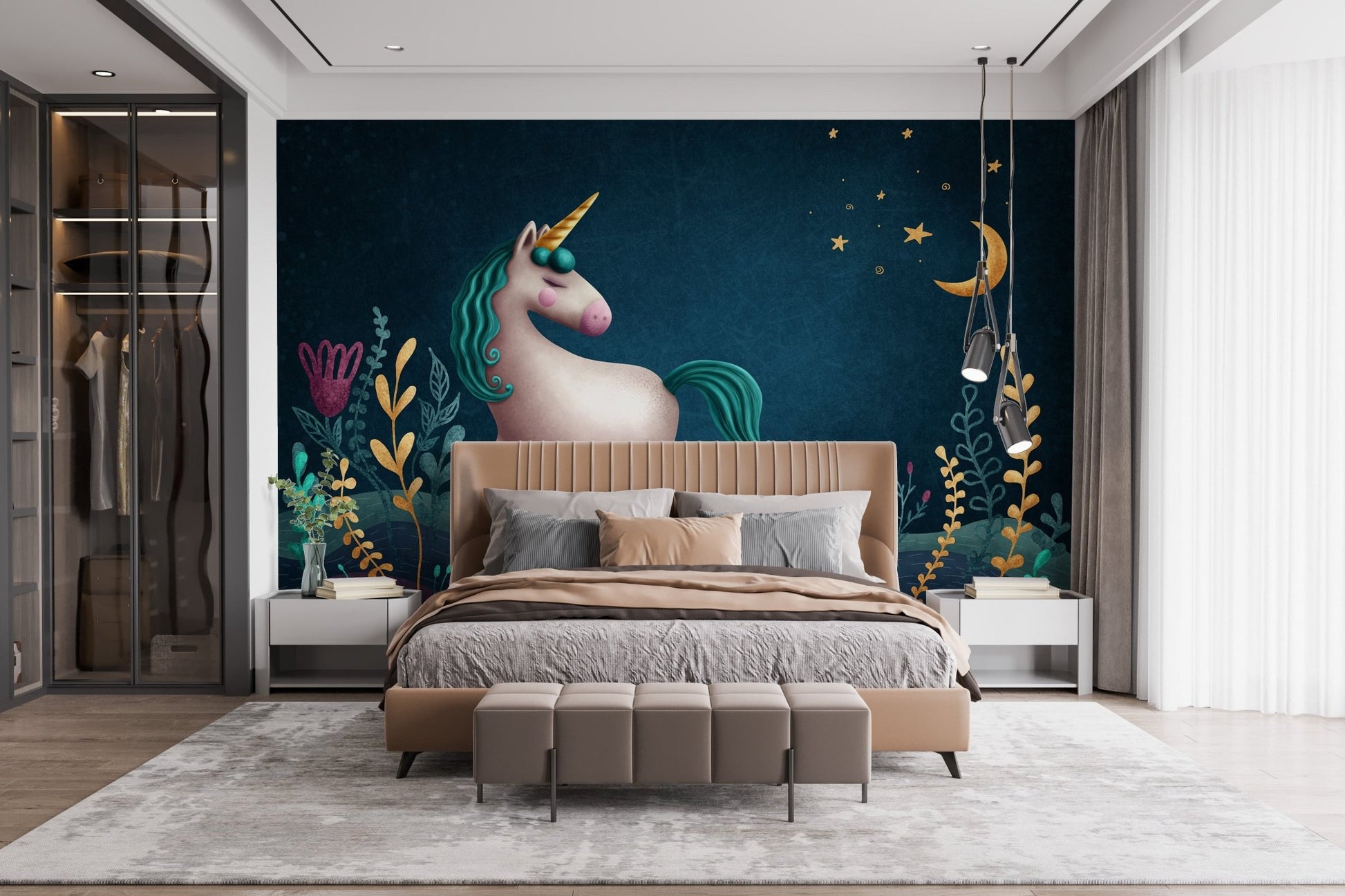 Large unicorn wall mural behind a wooden bed with bedding and pillows