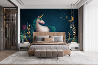 Large unicorn wall mural behind a wooden bed with bedding and pillows