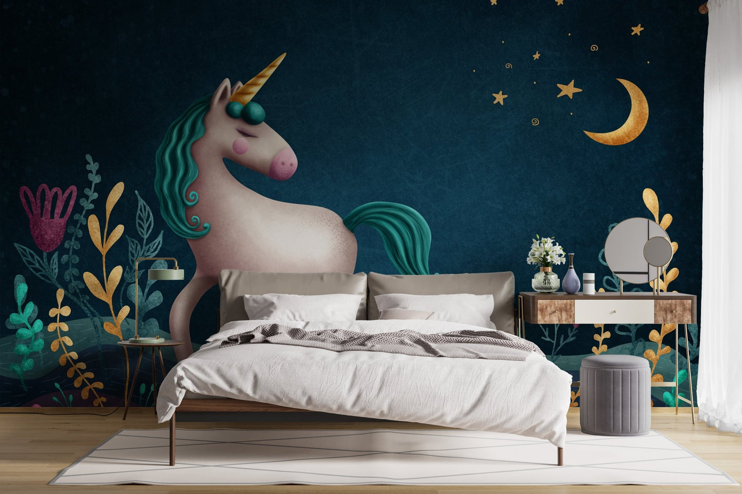Dark blue unicorn wall mural in a bright bedroom with a vanity desk