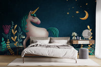 Dark blue unicorn wall mural in a bright bedroom with a vanity desk