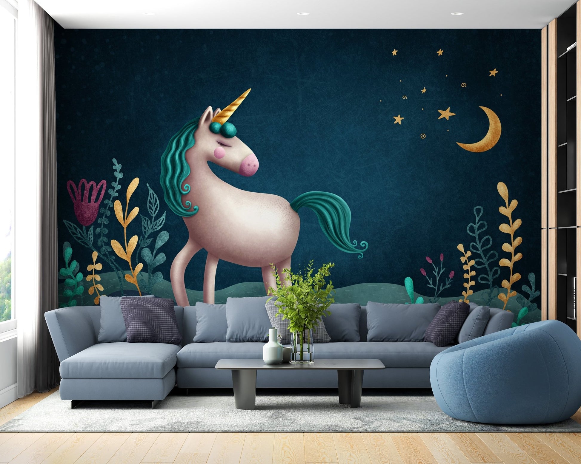 Dark navy unicorn wall mural behind a grey sectional sofa in a living room.