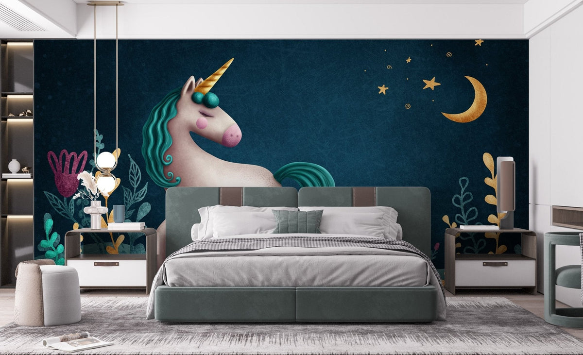 Blue and green night unicorn wall mural in a minimalist suite