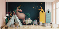 Blue and green night unicorn wall mural in a playroom with a tent.