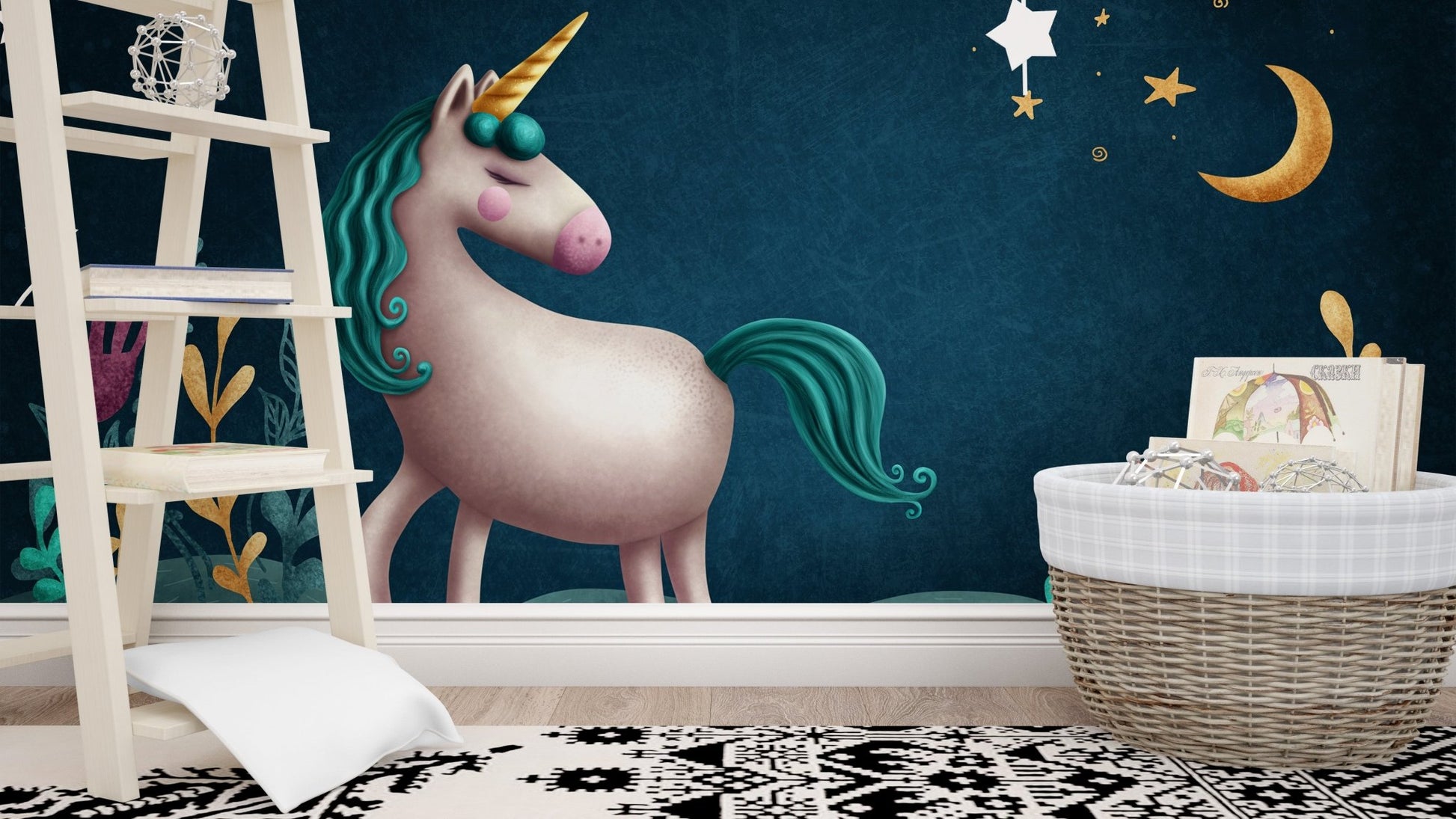 Blue and green night unicorn wall mural in a white wooden nursery.