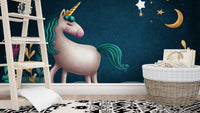 Blue and green night unicorn wall mural in a white wooden nursery.