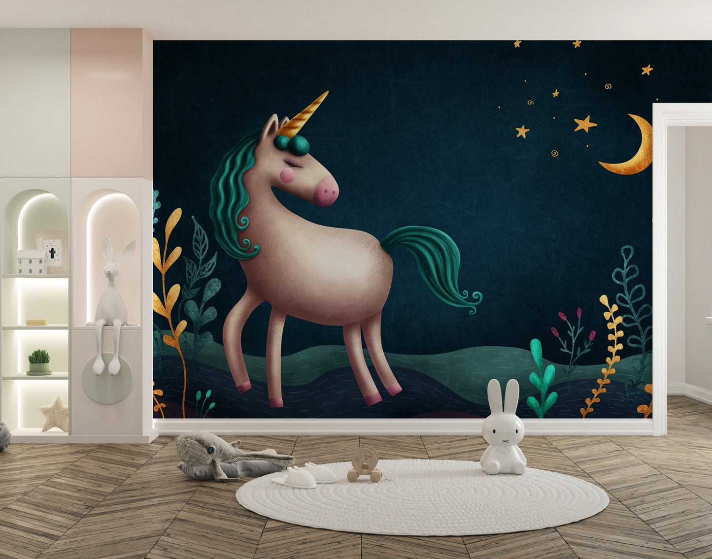 Cartoon unicorn wall mural behind a round white rug and toy storage bins