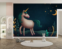Cartoon unicorn wall mural behind a round white rug and toy storage bins