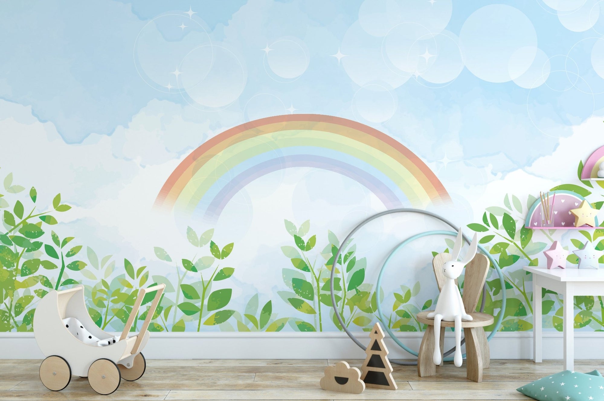 Watercolor-inspired rainbow wall mural in kids area.
