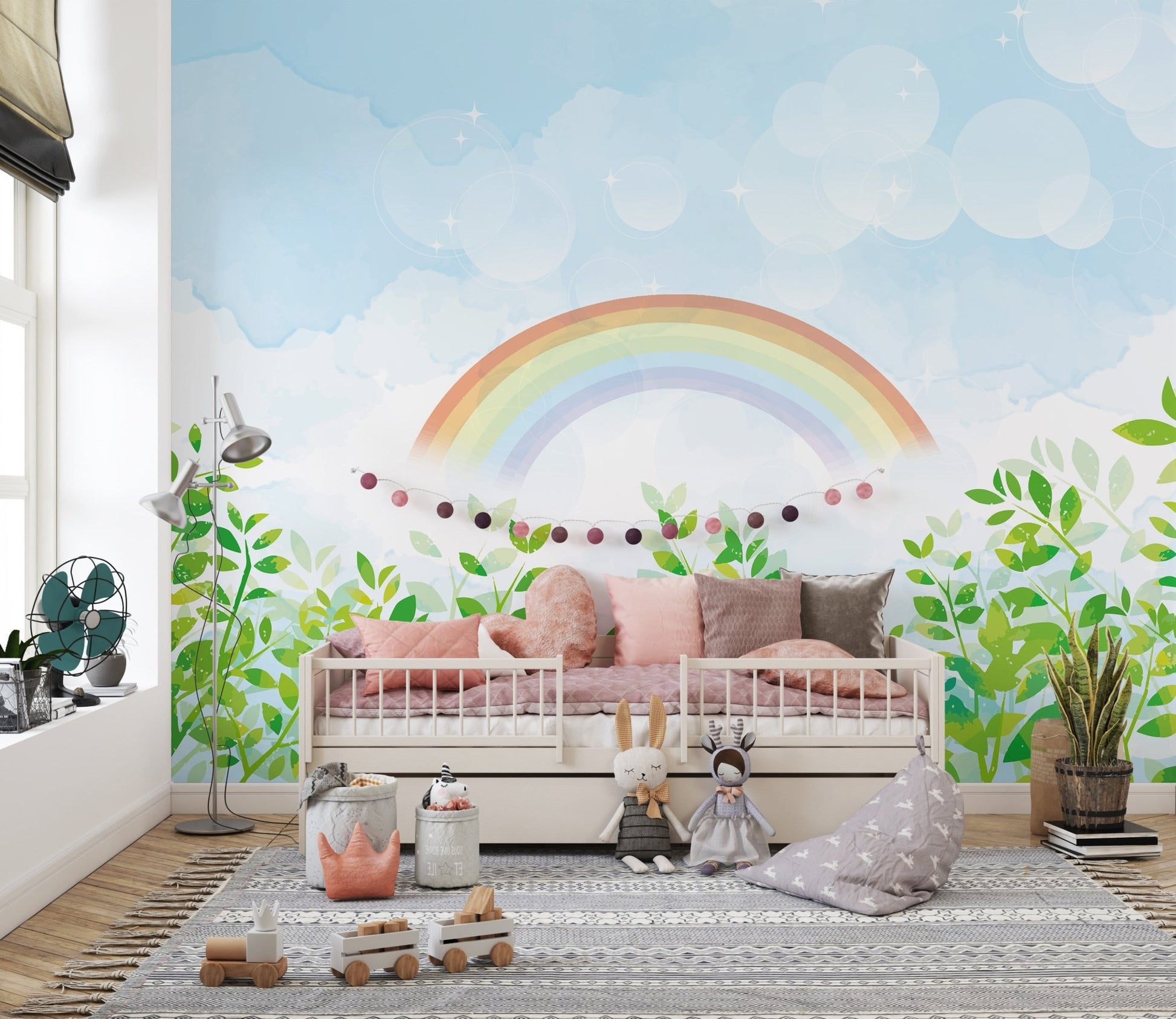 Blue & Green hues in rainbow mural design for toddler bedroom.
