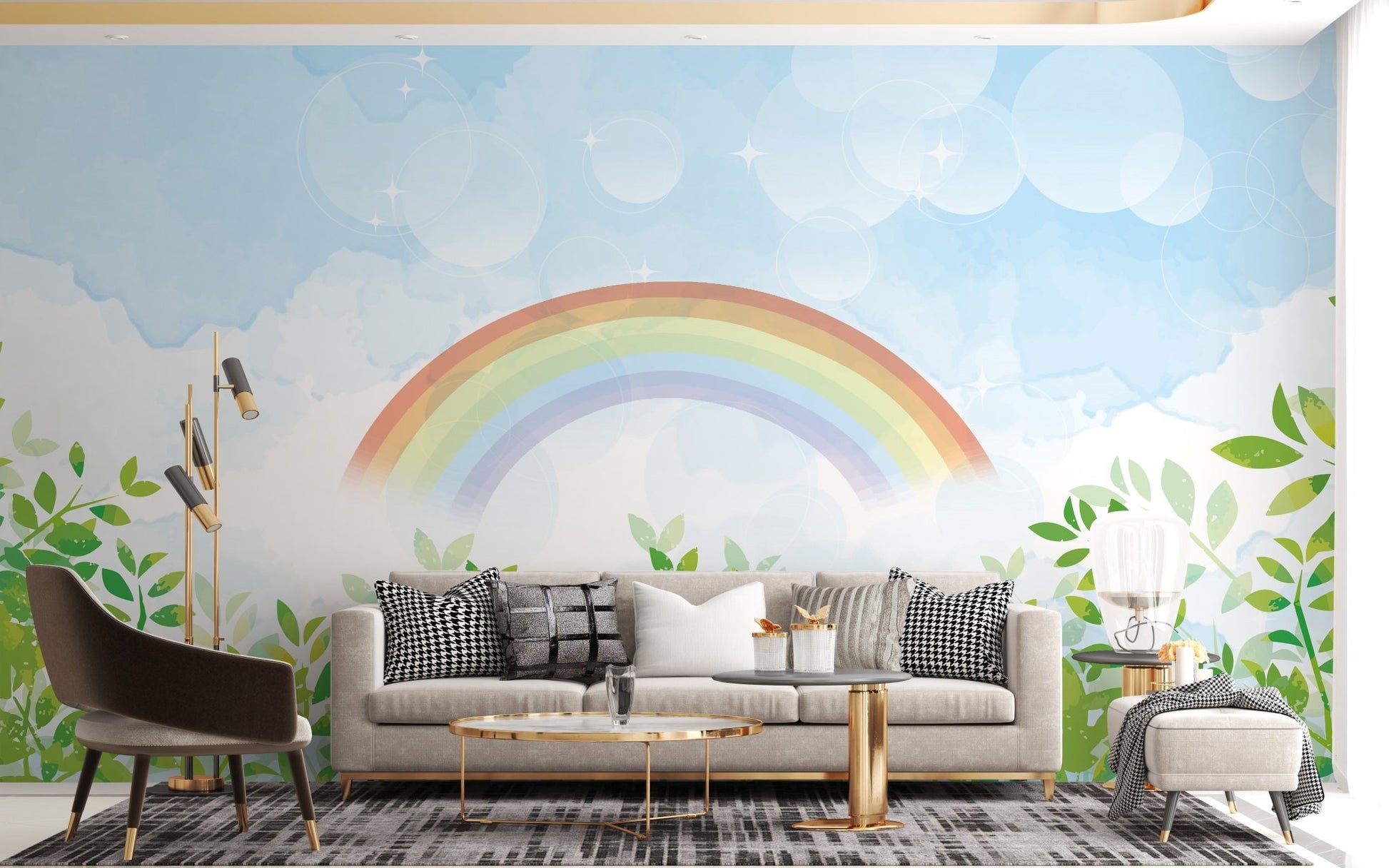 Pastel rainbow and clouds wall mural design in a neutral living room.