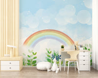 Blue & Green Watercolor Rainbow Kids Wall Mural in a bright study area.