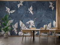 Blue Grunge Leaves Crane Wallpaper - Wallanza
