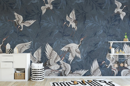 Modern wall mural featuring elegant flying cranes and blue leaf patterns.