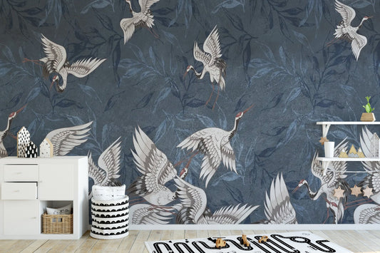 Modern wall mural featuring elegant flying cranes and blue leaf patterns.