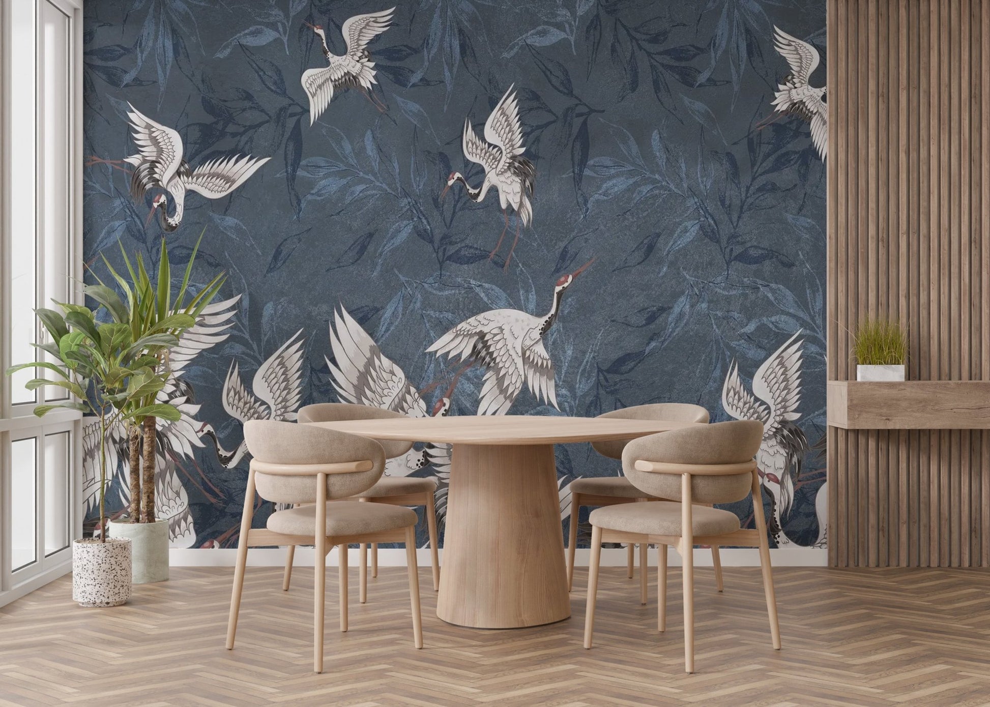 Blue Grunge Leaves Crane Wallpaper - Wallanza