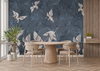 Blue Grunge Leaves Crane Wallpaper - Wallanza