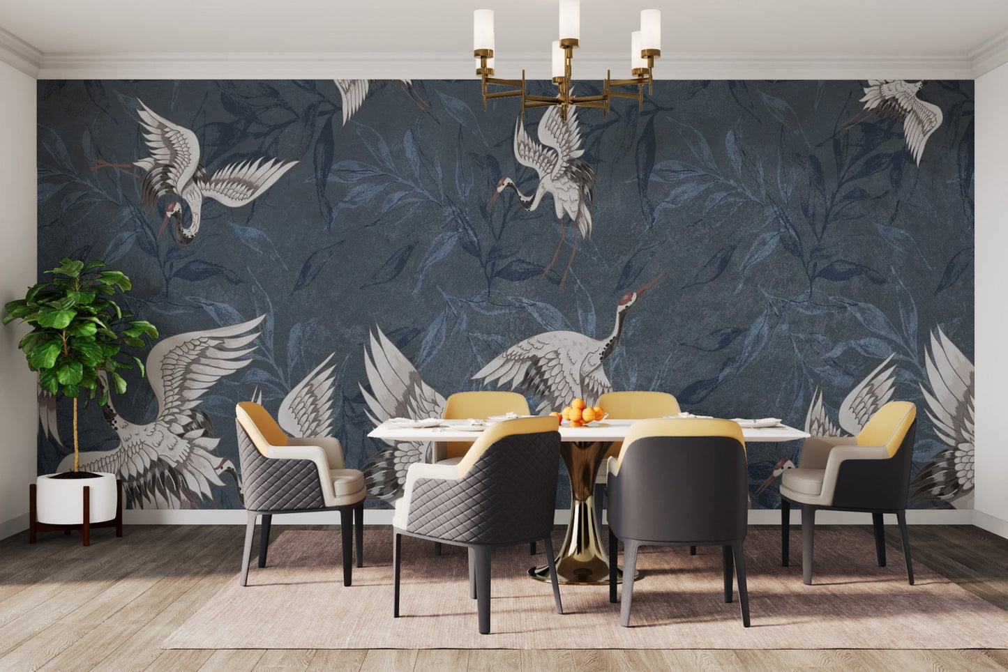 Blue Grunge Leaves Crane Wallpaper - Wallanza