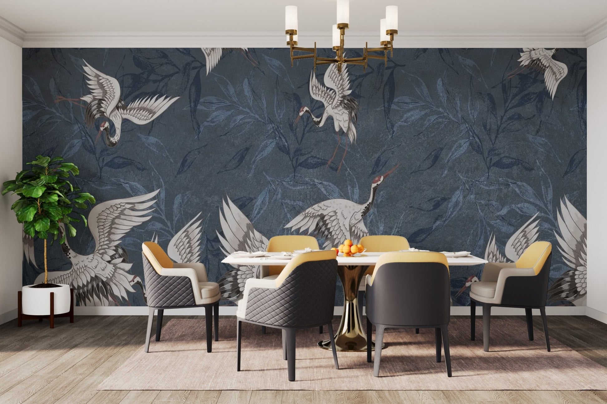 Blue Grunge Leaves Crane Wallpaper - Wallanza