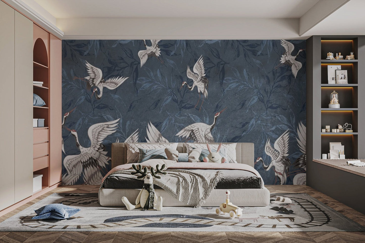 Blue Grunge Leaves Crane Wallpaper - Wallanza