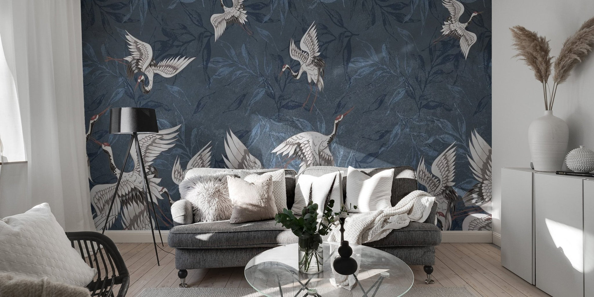 Blue Grunge Leaves Crane Wallpaper - Wallanza