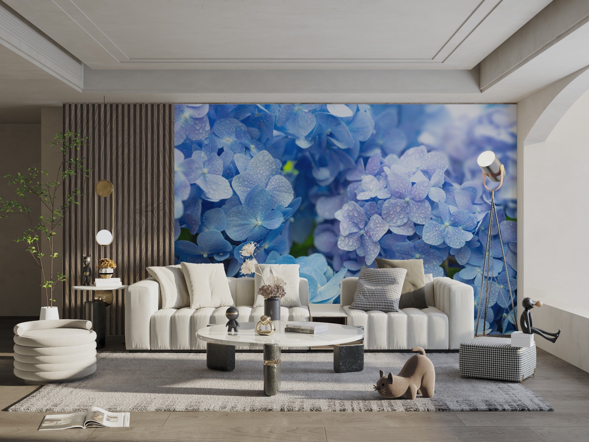 Soft blue floral wall mural featuring layered blooming clusters.