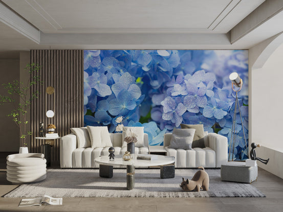 Soft blue floral wall mural featuring layered blooming clusters.