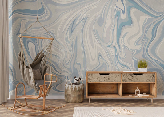 Blue klint misty wall mural with soft blue and gray marble swirls.