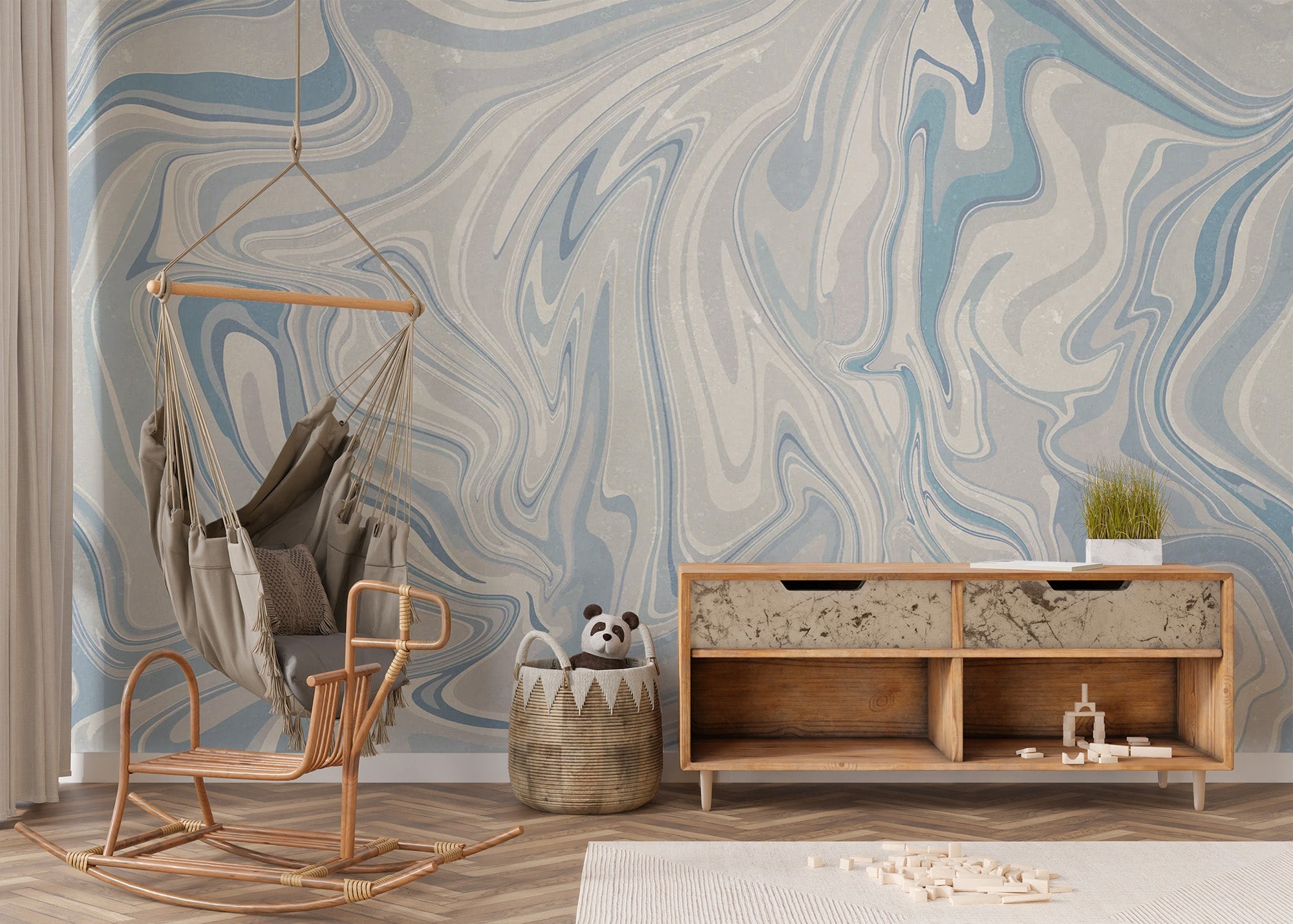 Blue klint misty wall mural with soft blue and gray marble swirls.