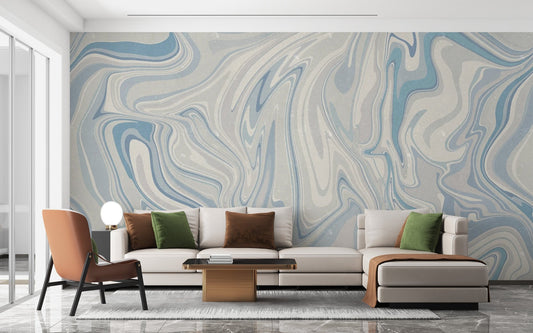 Minimalist abstract blue klint wall mural with flowing sapphire and pearl.